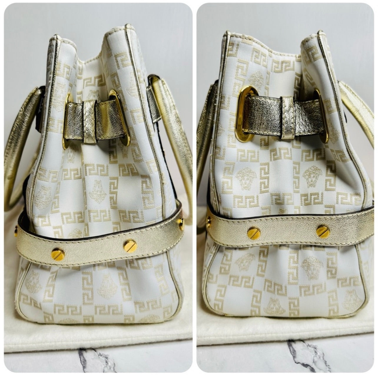 EUC VERSACE Medusa Gold & Cream Logo Print Canvas & Leather Shoulder Bag