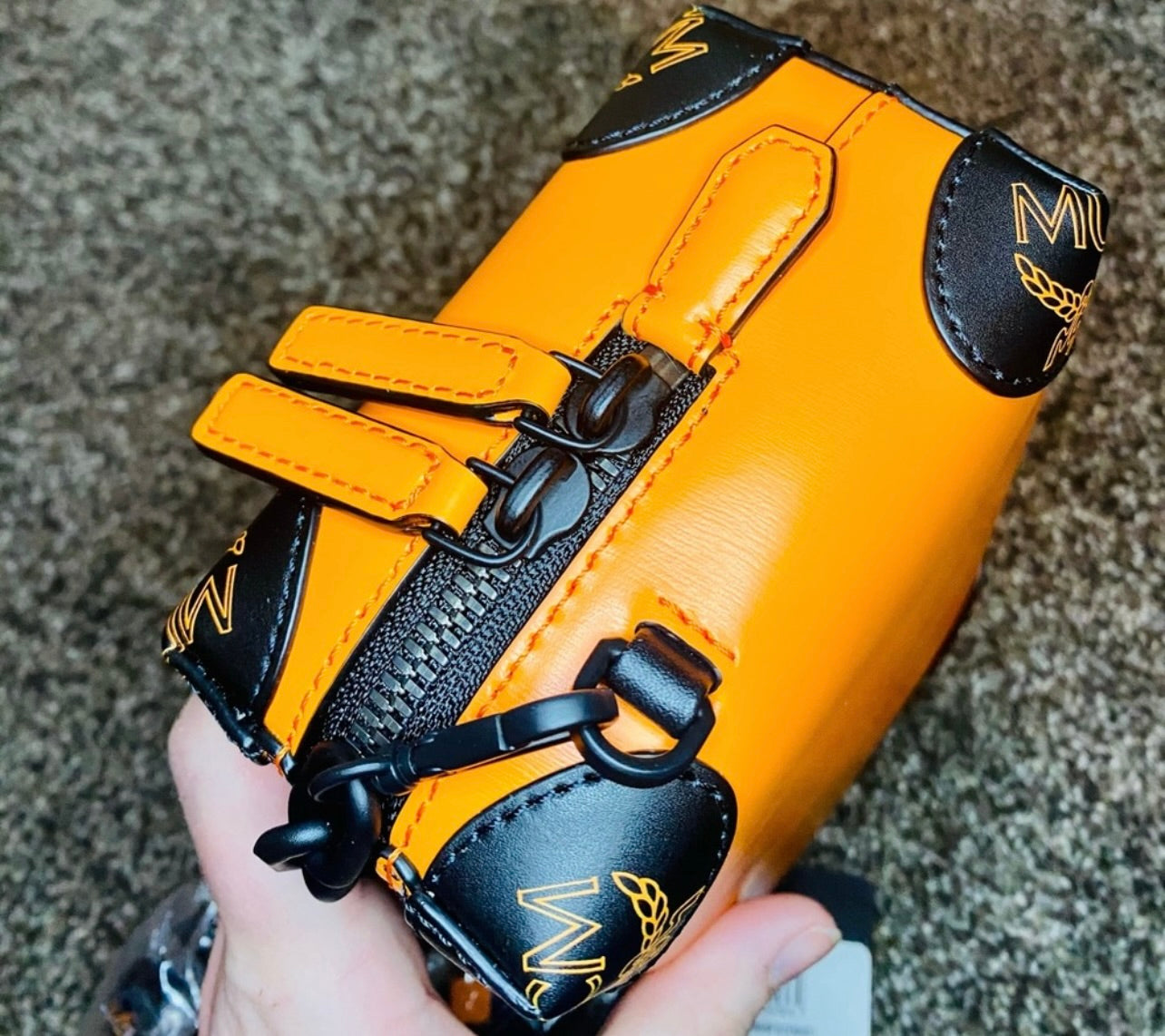 New MCM Persimmon Orange & Black Leather Berlin Soft Box Crossbody Bag