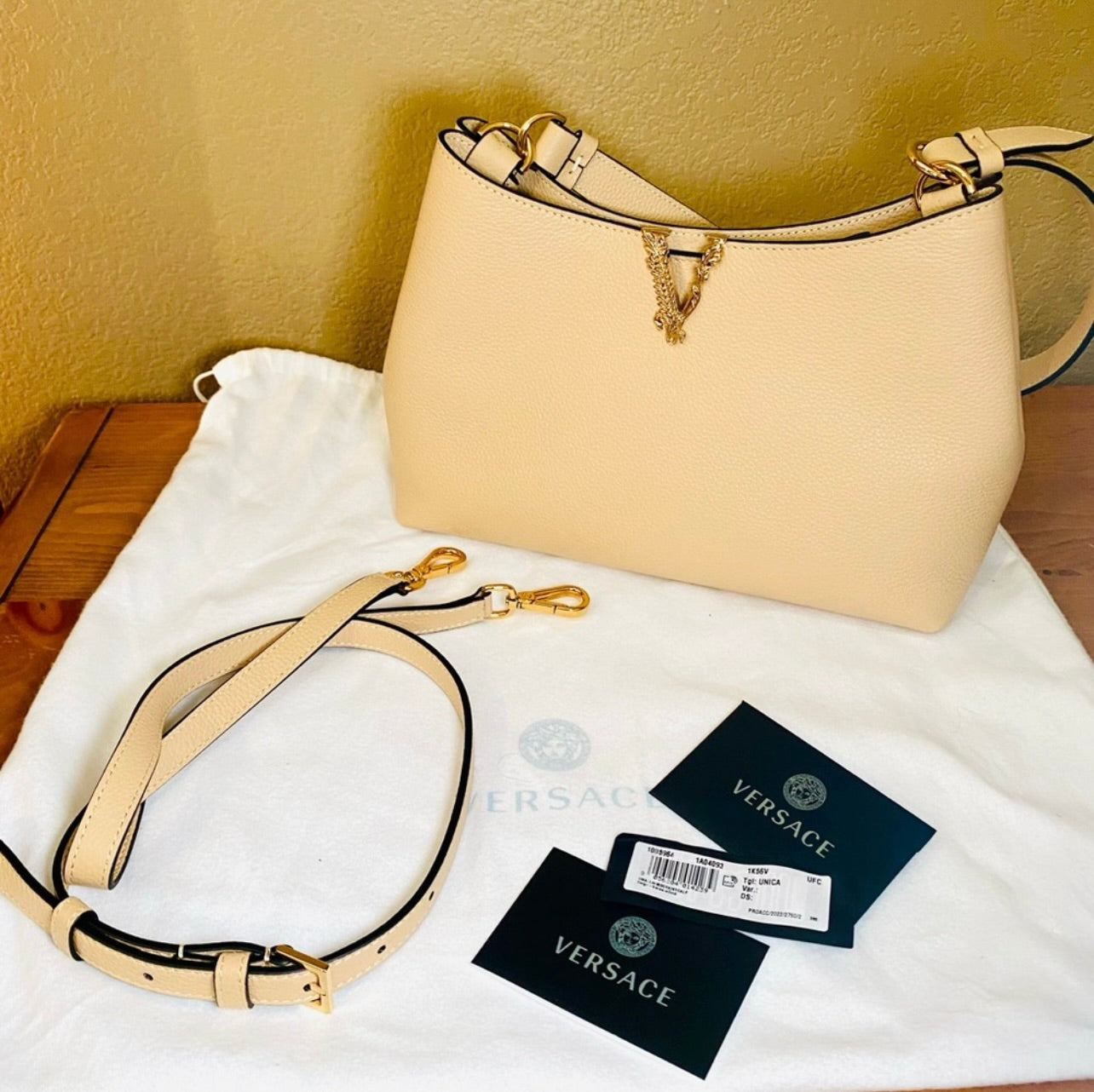 New VERSACE Vitello Virtus V Small Beige Grainy Calfskin Leather Shoulder Bag