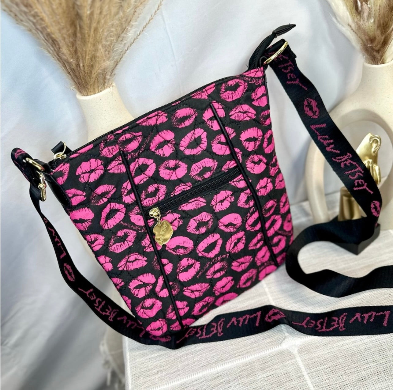 LUV by Betsey Johnson Black w/ Hot Pink Lips Pattern Crossbody Bag