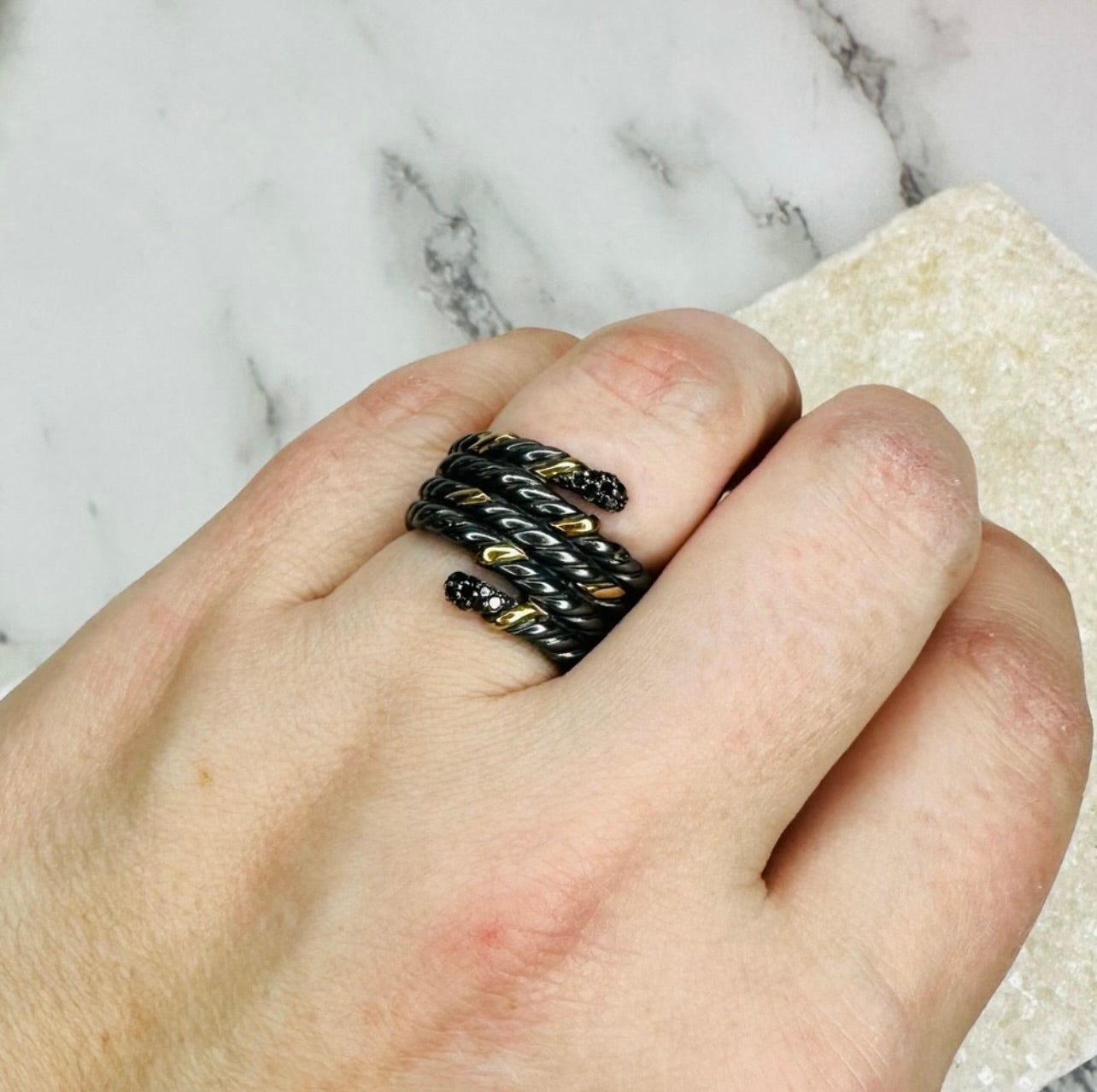 EUC David Yurman Blackened Silver & Gold Willow Serpent Ring w/ Black Diamonds