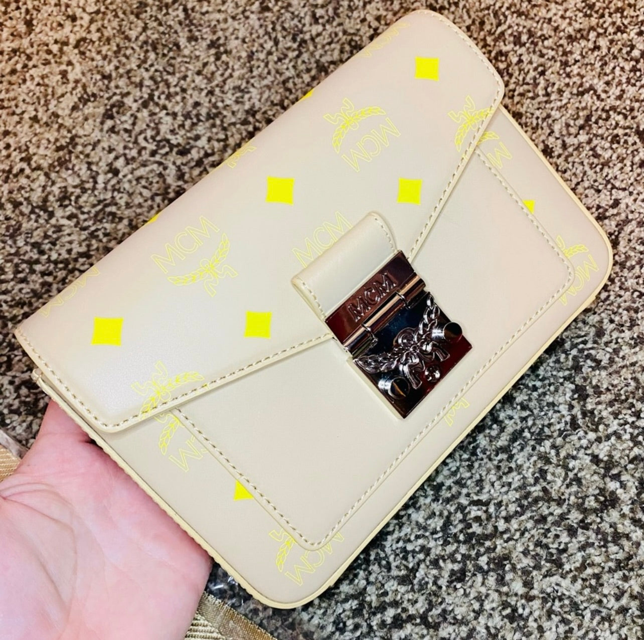 New MCM Millie Croissant Yellow Small Color Splash Logo Leather Crossbody Bag