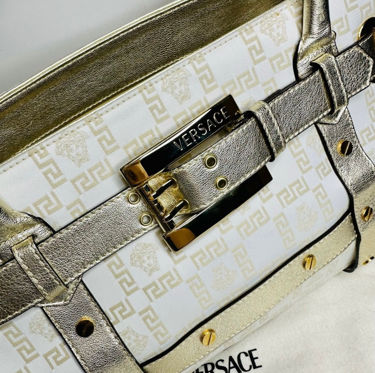 EUC VERSACE Medusa Gold & Cream Logo Print Canvas & Leather Shoulder Bag