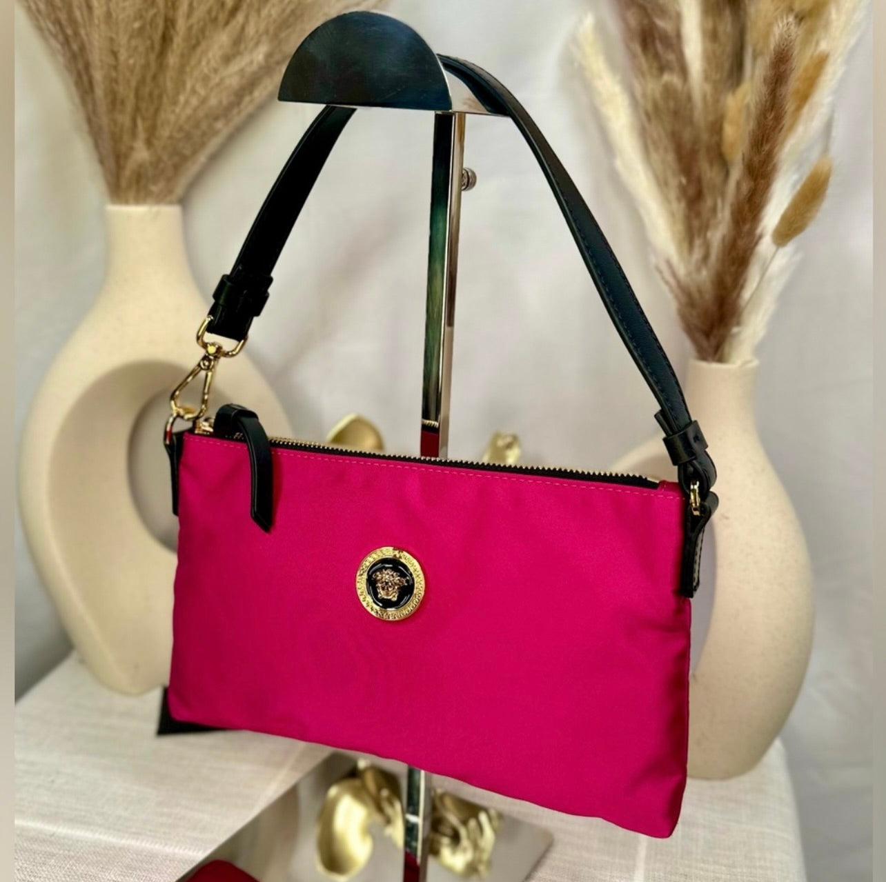 New Versace Hot Pink Flamingo Satin Nylon Pouchette Bag