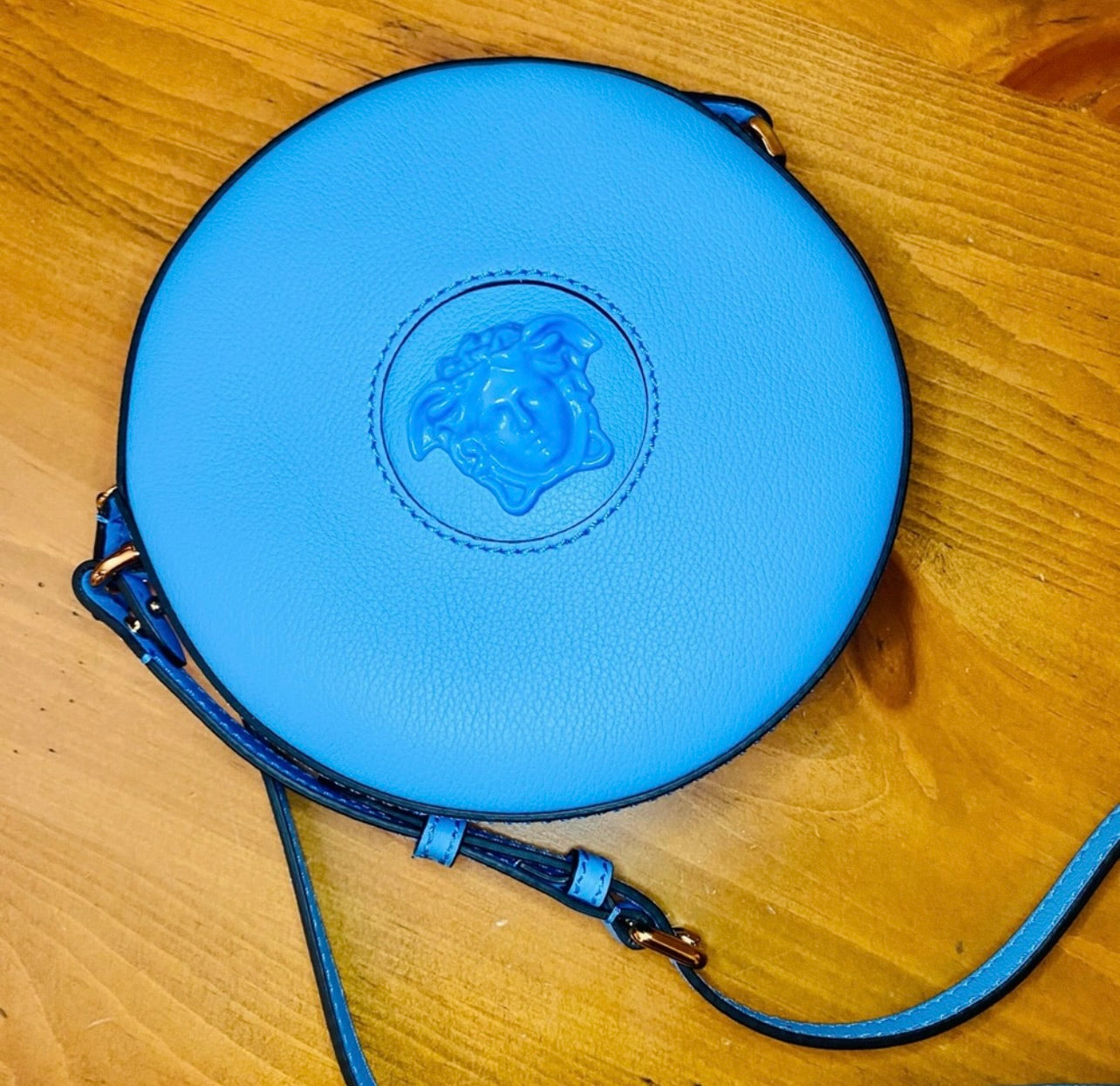 New Versace La Medusa Blue/Cerulean Leather Disco Round Crossbody Bag
