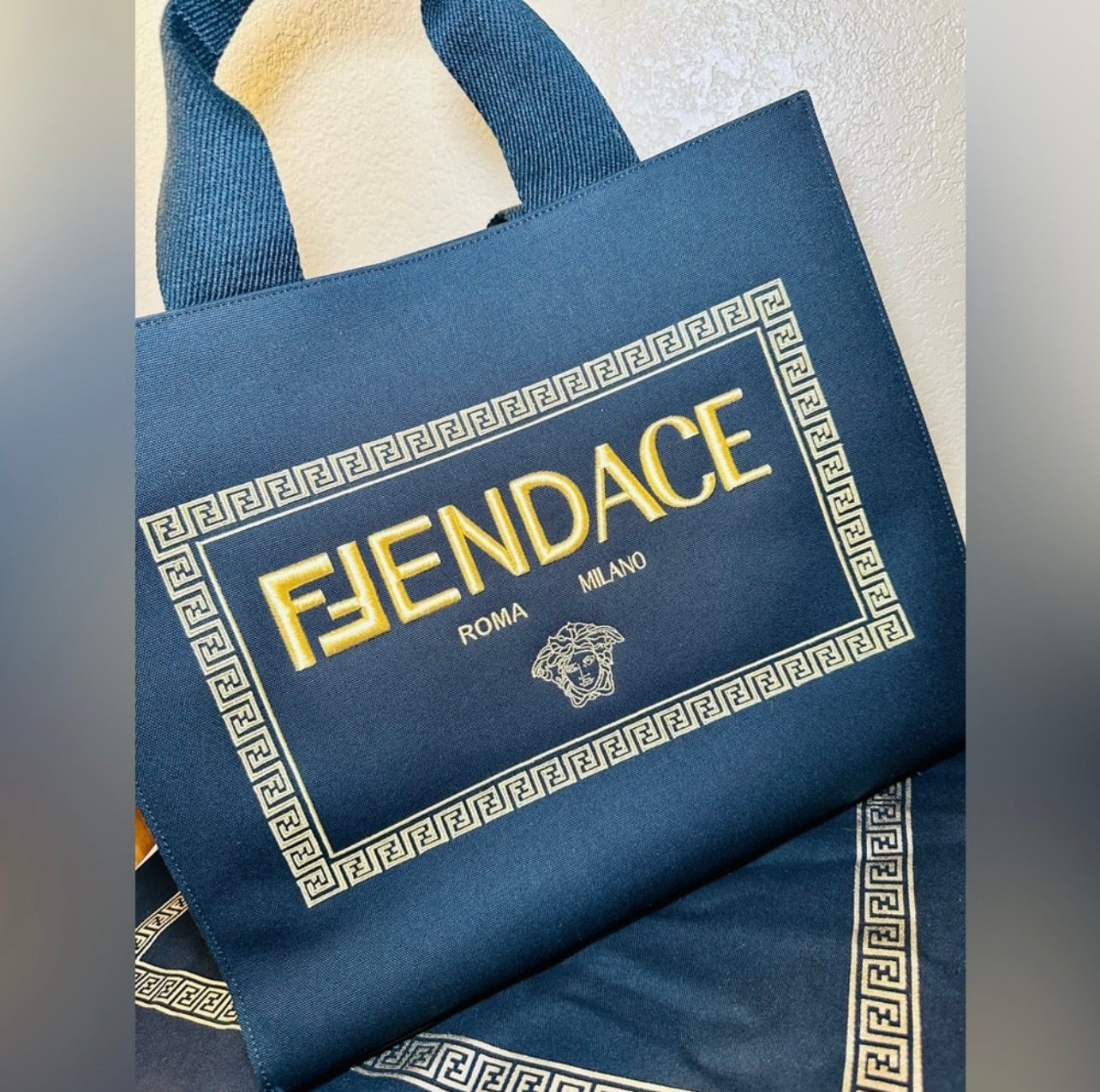 New Fendi x Versace Ltd. Ed. Black Canvas Fendace Logo Large Shopping Tote Bag