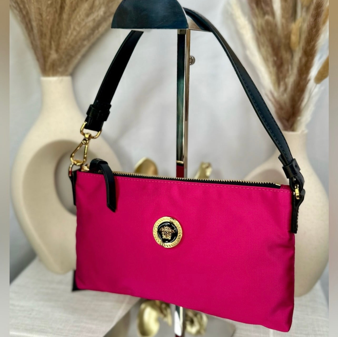 New Versace Hot Pink Flamingo Satin Nylon Pouchette Bag