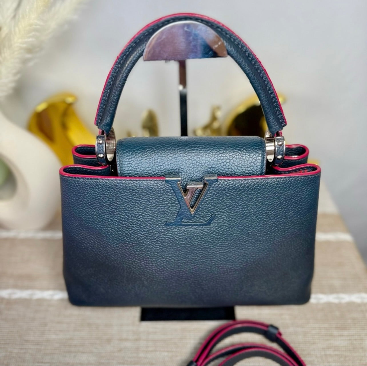 Louis Vuitton Cobalt Blue Taurillon Leather Capucines MM Bag w/ Fuchsia Trim