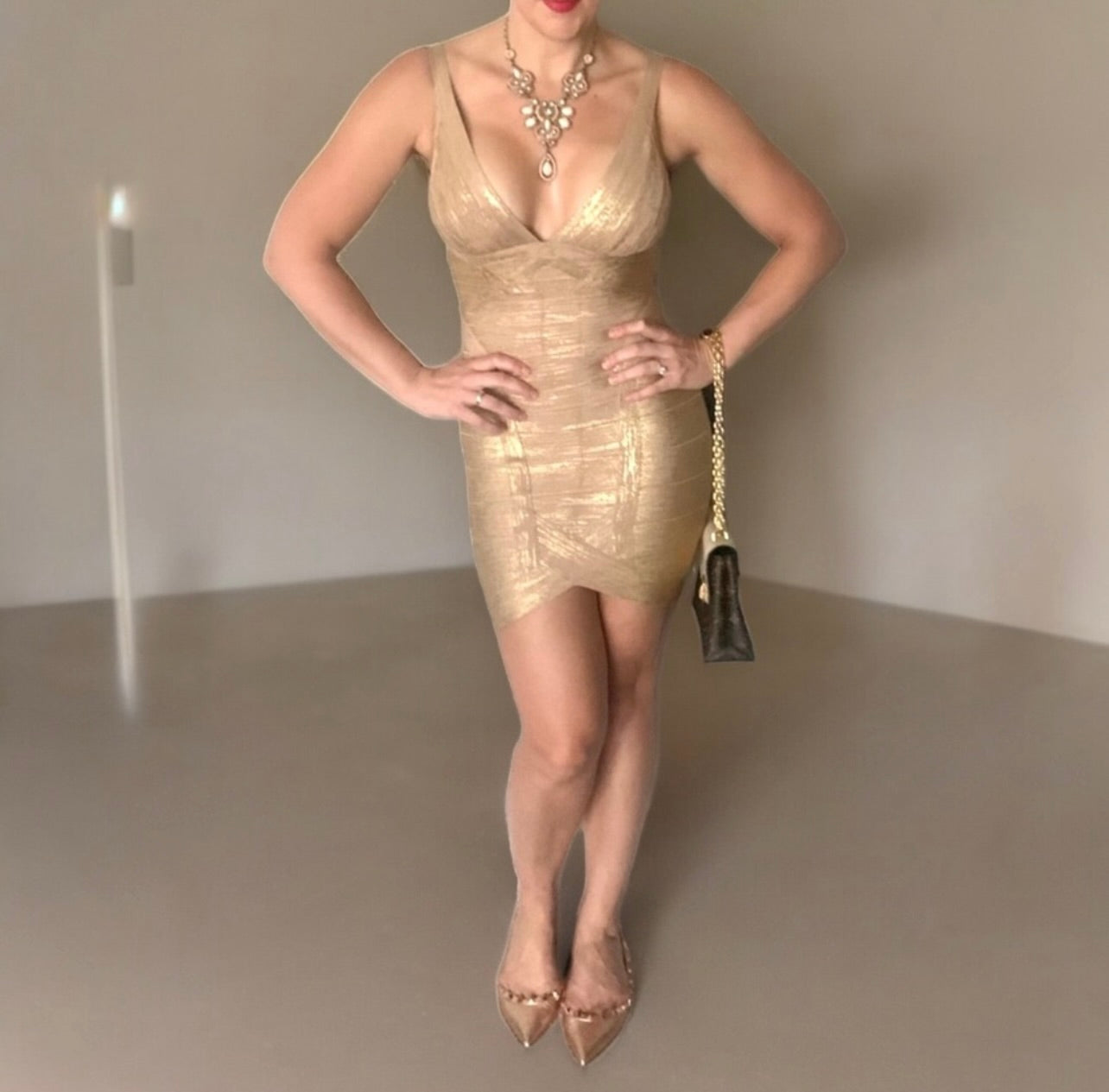 Herve Leger Ari Woodgrain Gold Foil-Print Dress