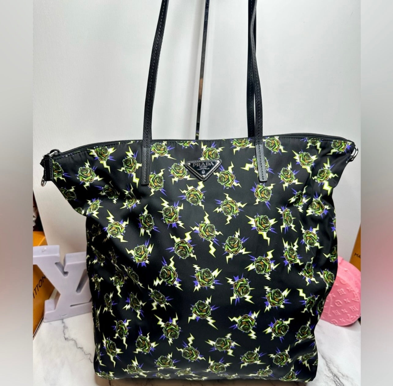 New Limited Edition Prada x Frankenstein Rose Print Nylon Convertible Shopper Tote Bag