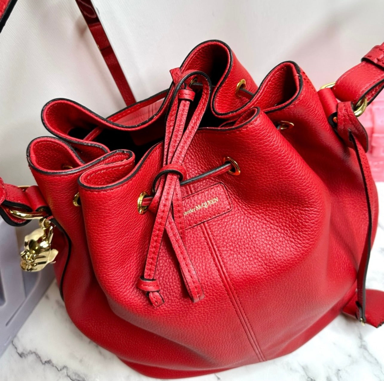 New Alexander McQueen Secchiello Red Pebbled Leather Skull Padlock Bucket Bag
