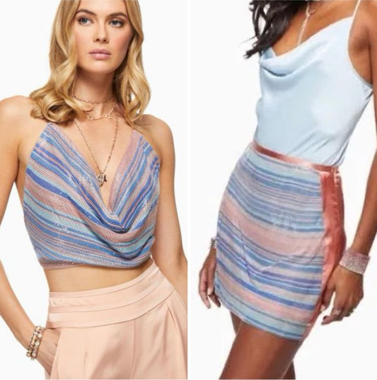 New Ramy Brook Rainbow Chainmail Marisa Exclusive Handkerchief  Top & Kate Mini Skirt Set