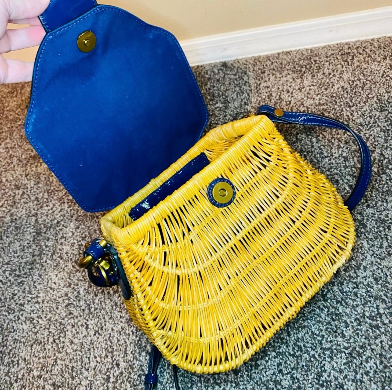Tory Burch Navy Blue Patent Leather & Lacquered Rattan Basket Bag