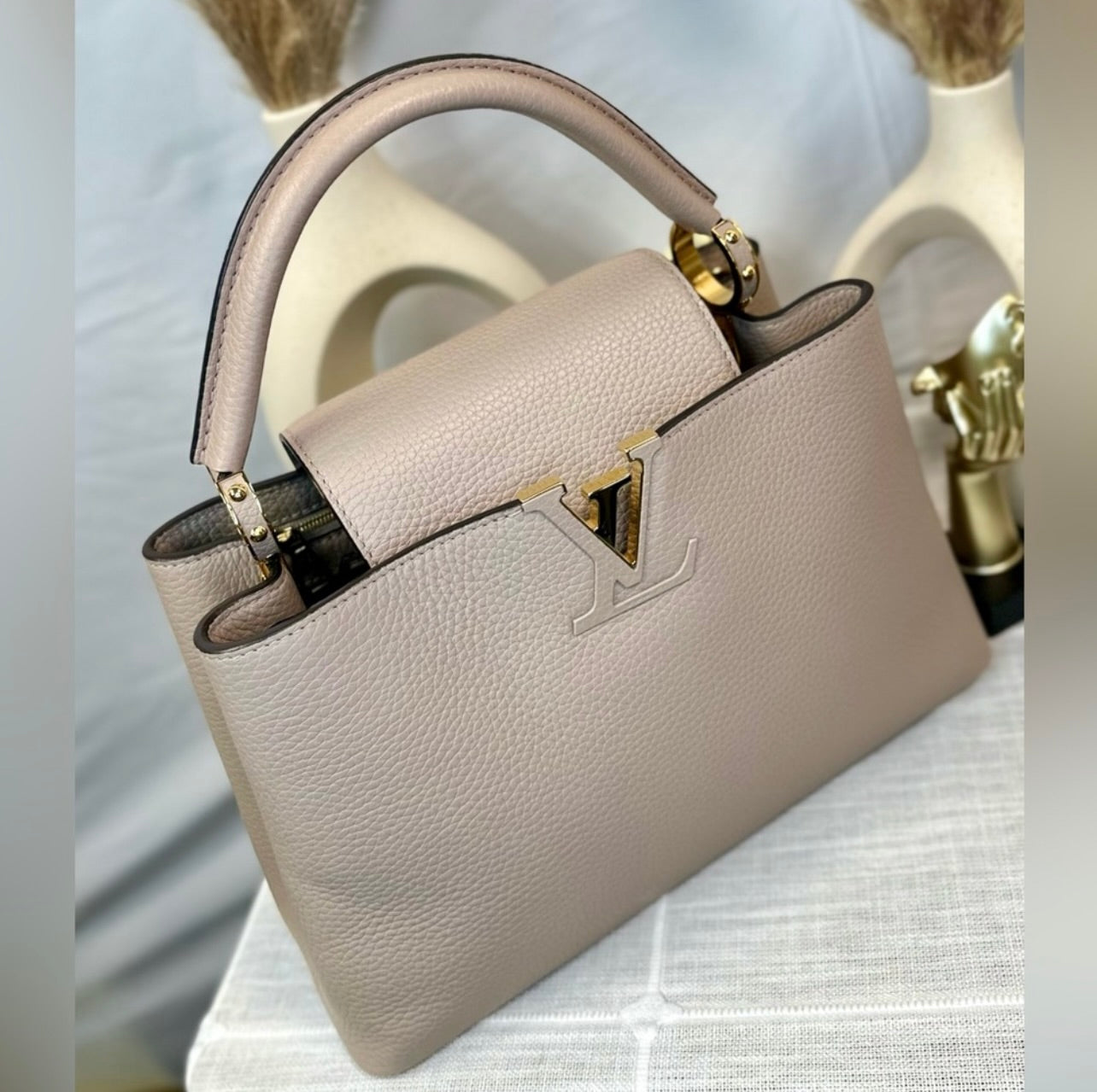 Louis Vuitton Galet Gray Taurillon Leather Capucines MM Bag