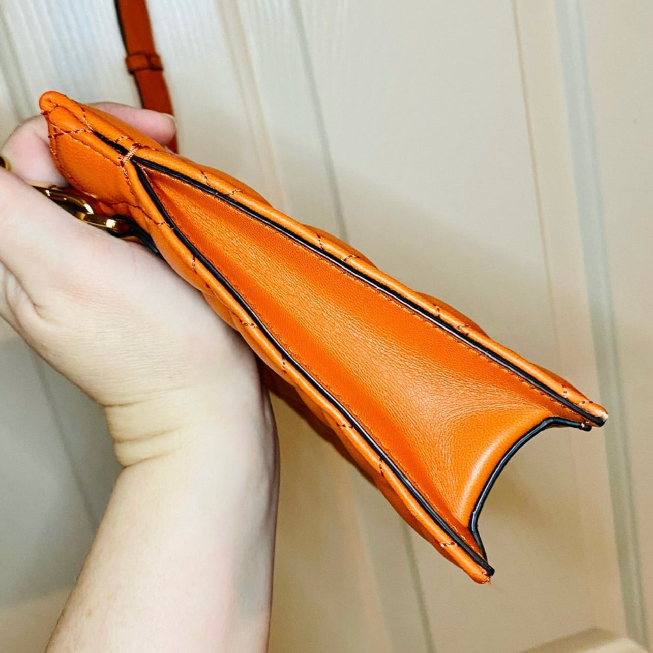New Versace Quilted Dark Orange Lambskin Leather Small Crossbody Pouch