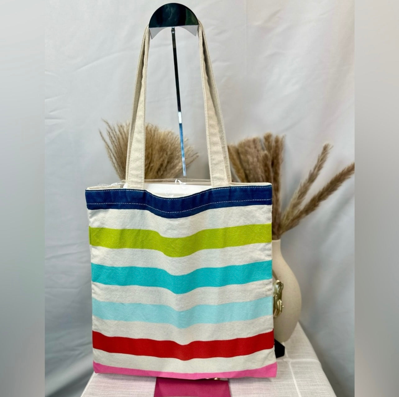 Kate Spade Heavy-duty Multi-Colored Stripes Cream Canvas Book Tote Bag