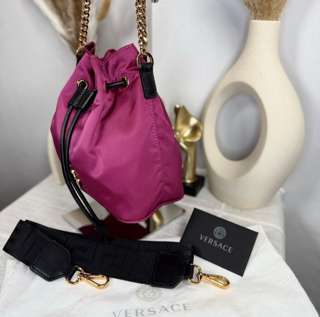 New Versace Deep Fuschia Nylon and Black Leather Drawstring Bucket Bag
