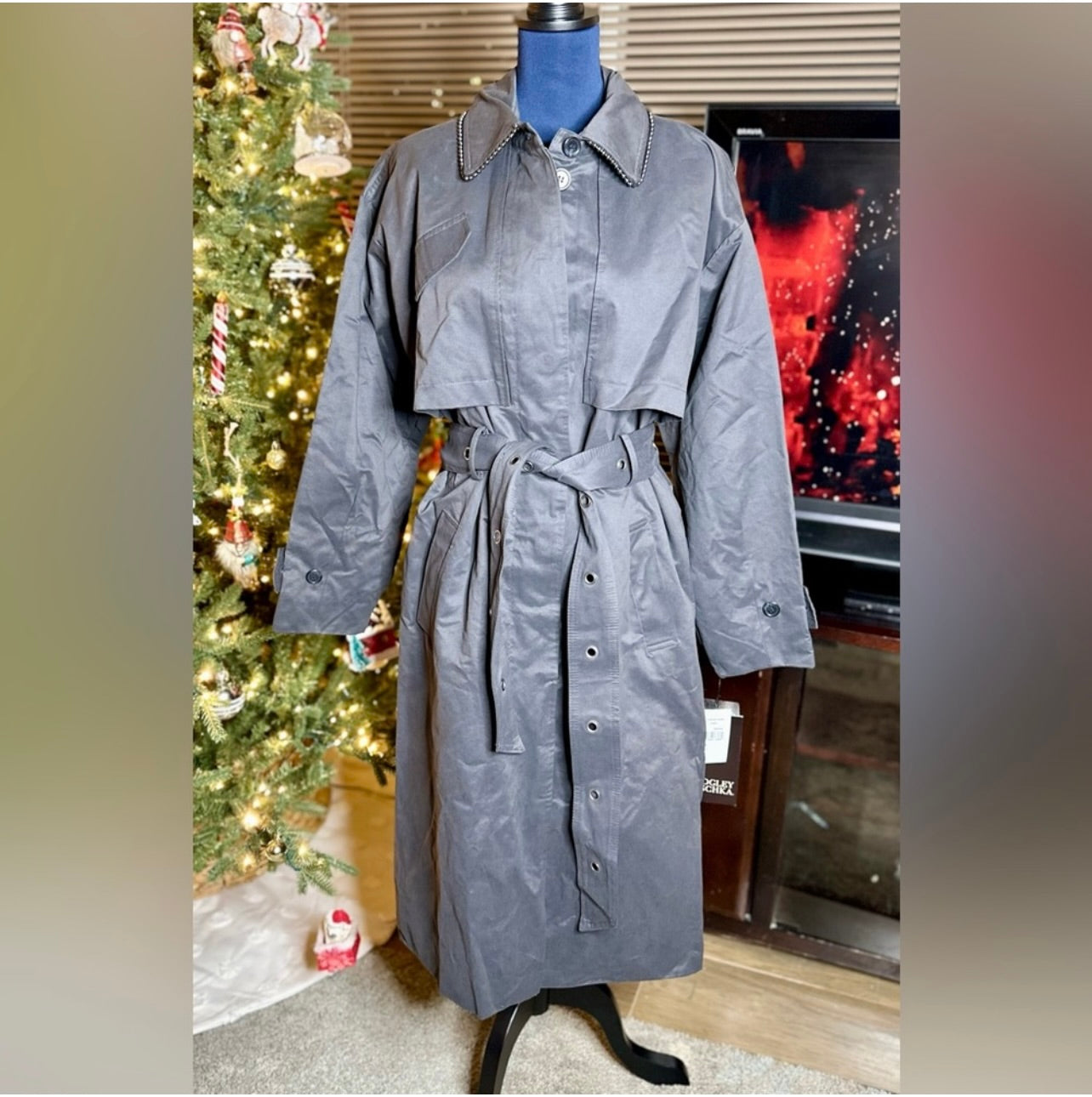 New Badgley Mischka Charcoal Gray Brooke Cotton Utility Trench Coat