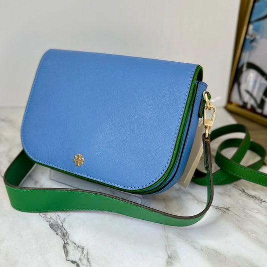 New Tory Burch Bluewood & Arugula Saffiano Leather Emerson Color Block Crossbody Bag