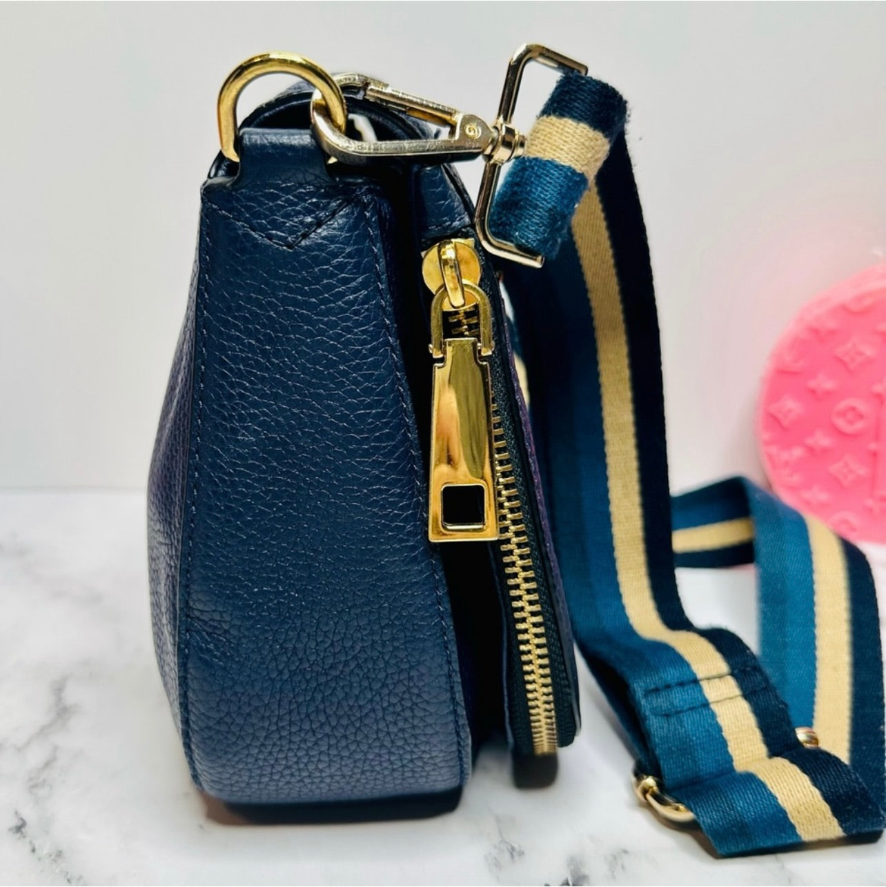 Marc Jacobs Small Navy Blue Pebbled Leather Gotham Saddle Bag
