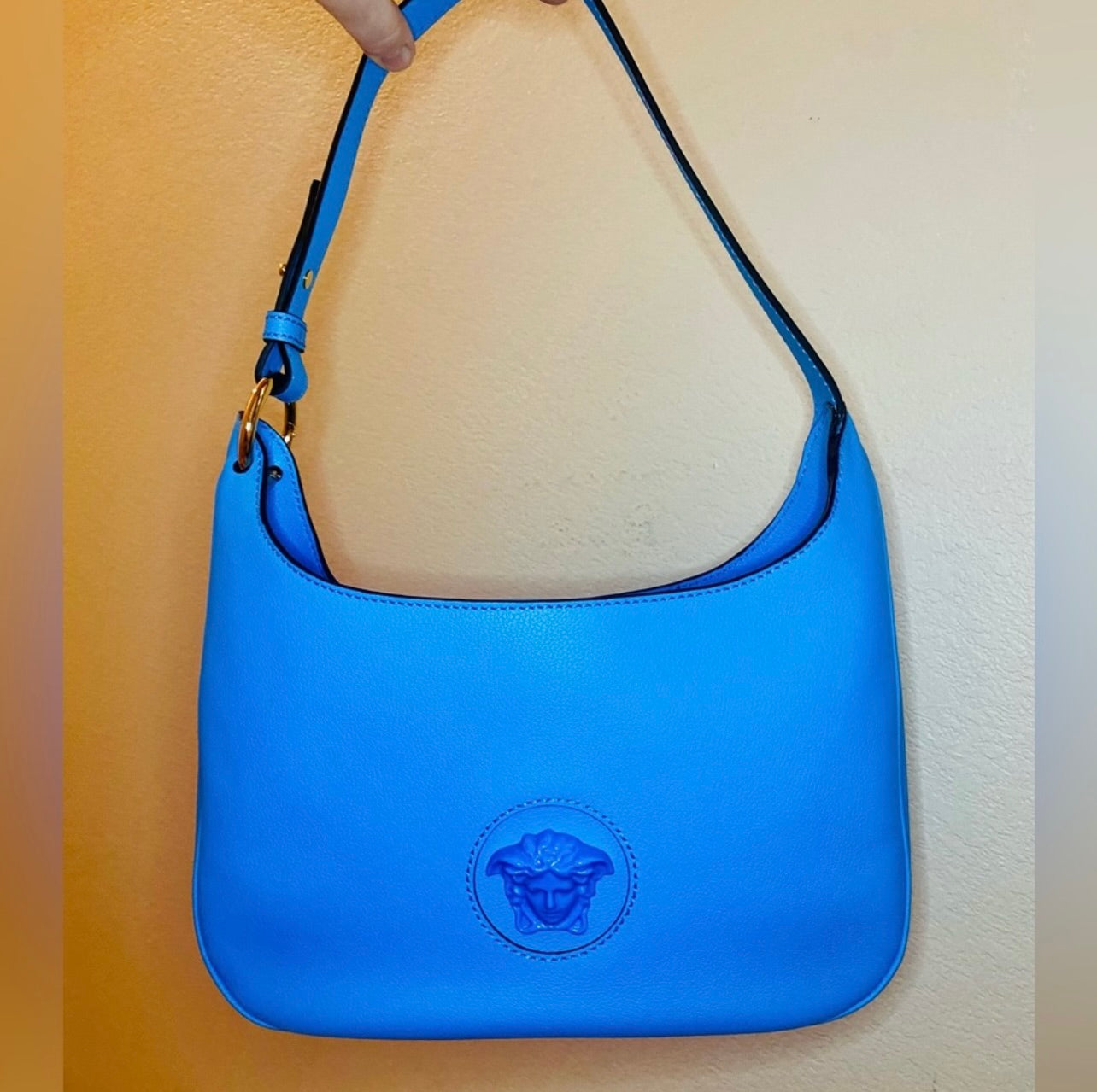 New VERSACE La Medusa Blue Leather Medium Hobo Convertible Strap Bag