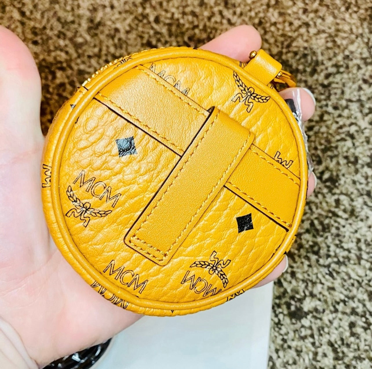 New MCM Cognac Round Tambour AirPod Case/Coin Purse/Key Bag Charm