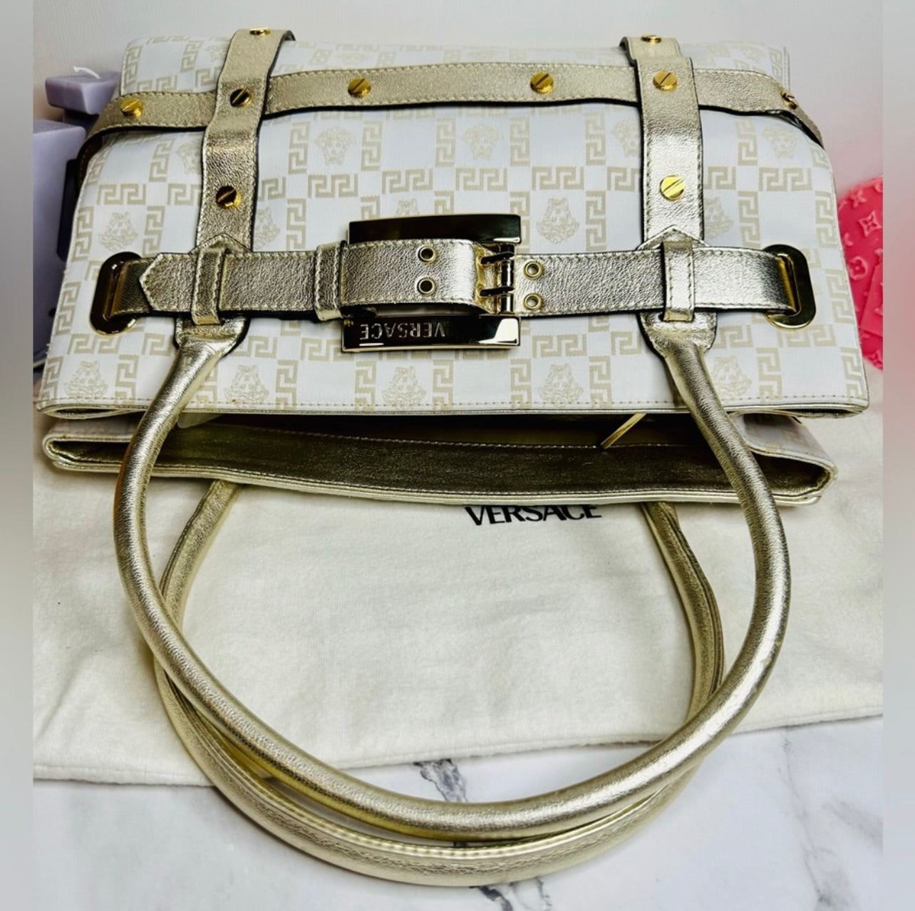 EUC VERSACE Medusa Gold & Cream Logo Print Canvas & Leather Shoulder Bag