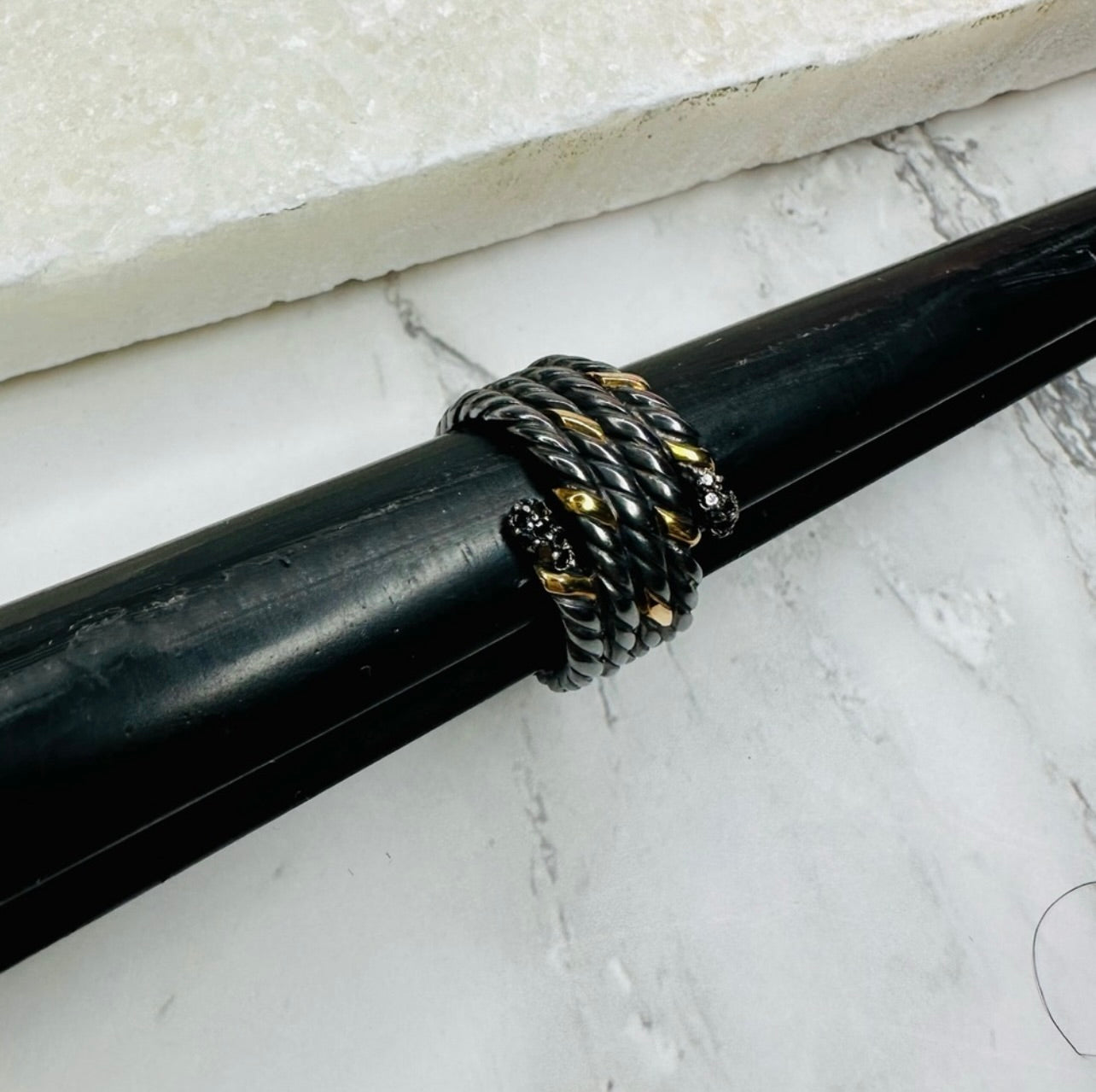 EUC David Yurman Blackened Silver & Gold Willow Serpent Ring w/ Black Diamonds