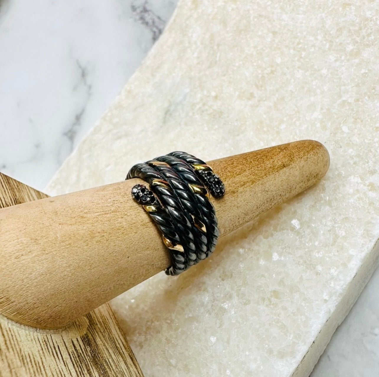 EUC David Yurman Blackened Silver & Gold Willow Serpent Ring w/ Black Diamonds