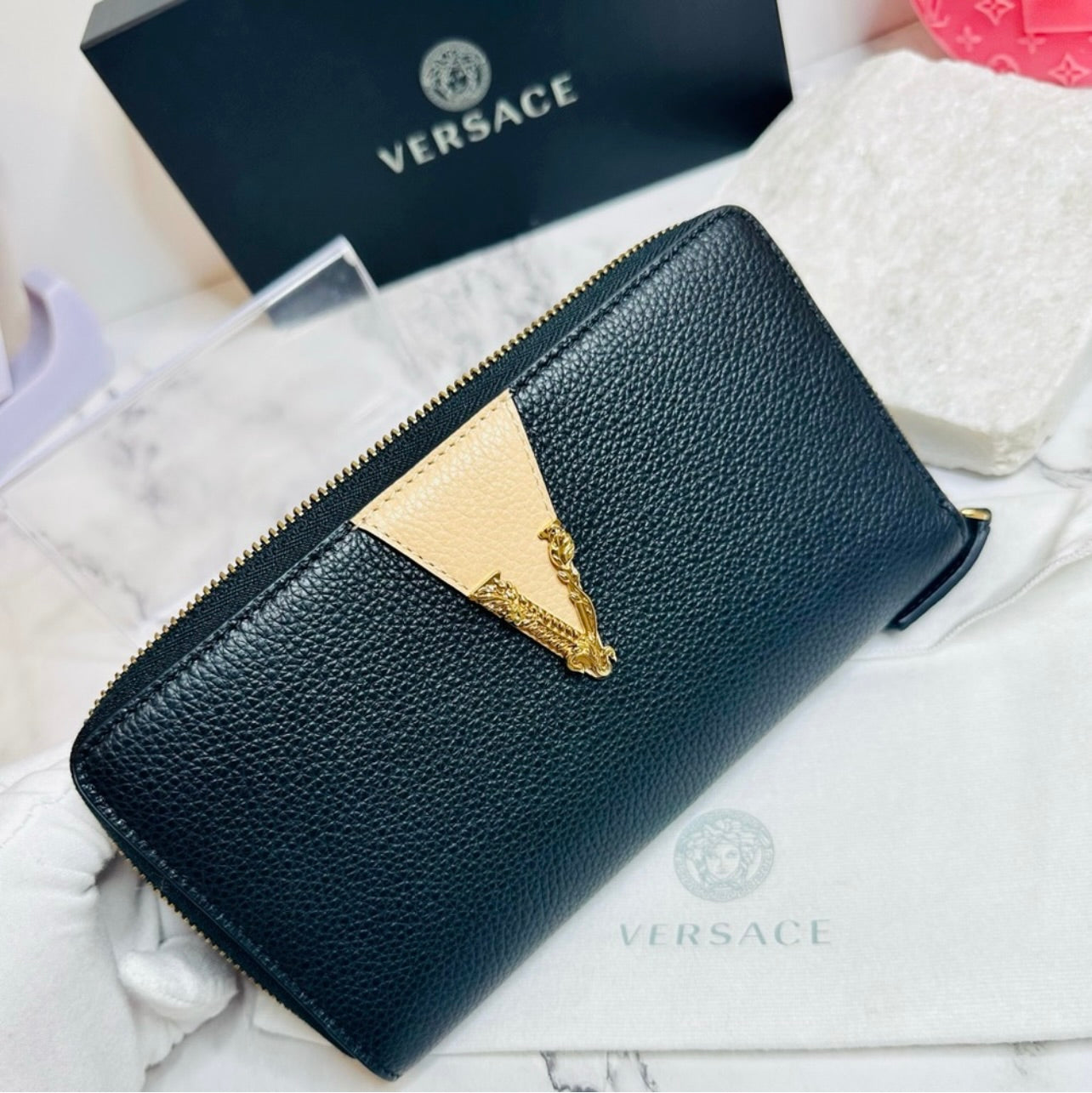 New Versace Two-Toned Black & Beige Grainy Calf Leather Virtus Continental Zip Around Wallet