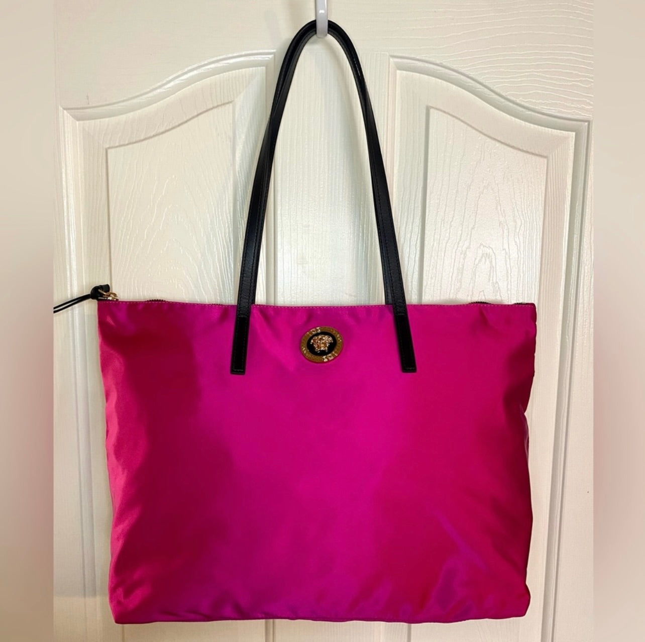 New VERSACE Flamingo Pink Nylon Medusa Tote Bag