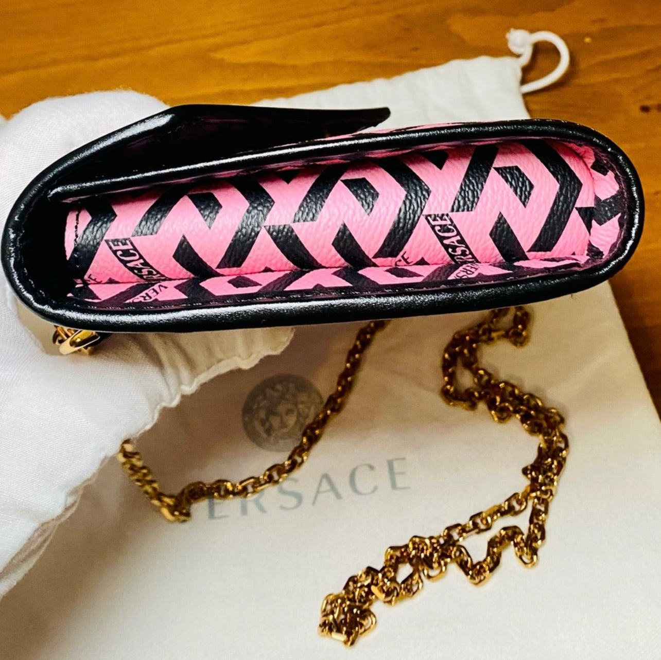 New Versace Pink La Greca Signature Coated Canvas Chain Crossbody Bag