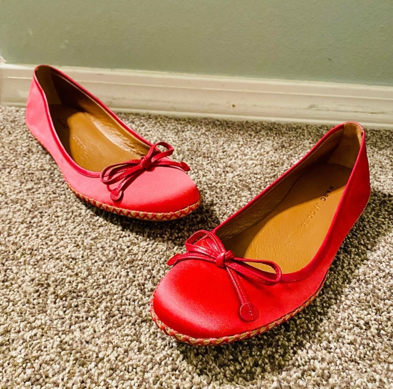 Marc Jacobs Vintage Satin & Leather Red Ballet Flats w/ Bow Accent