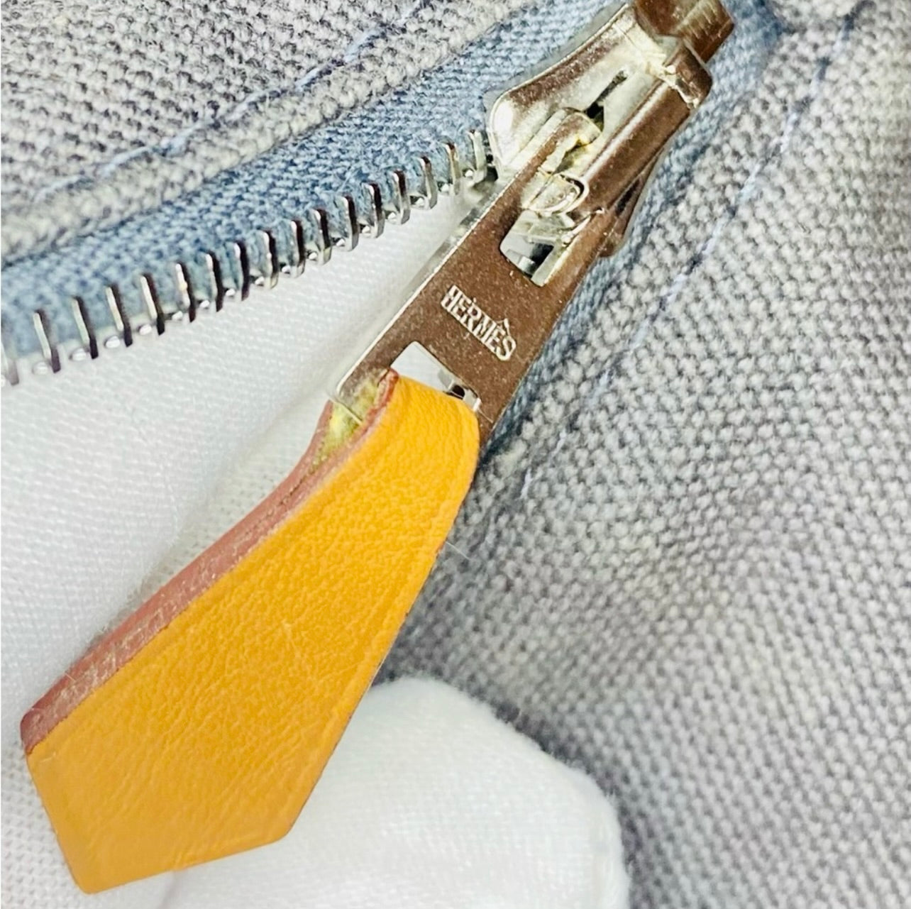 Vintage HERMES Gray Blue Canvas & Leather Bolide Cosmetic Pouch Purse MM