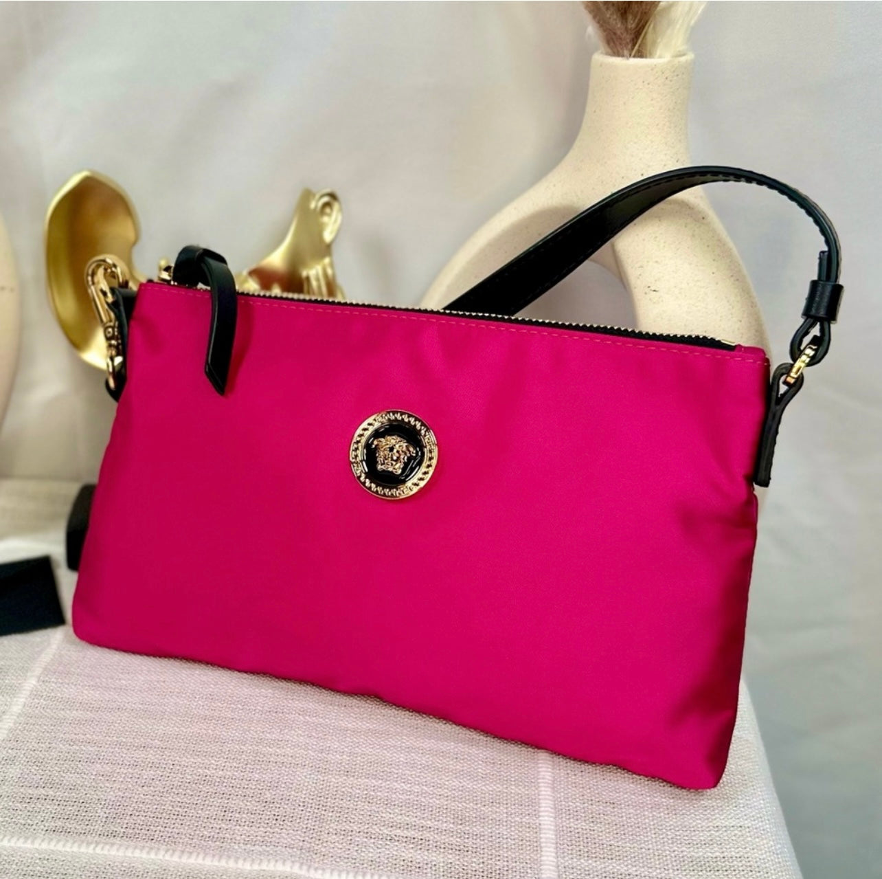 New Versace Hot Pink Flamingo Satin Nylon Pouchette Bag