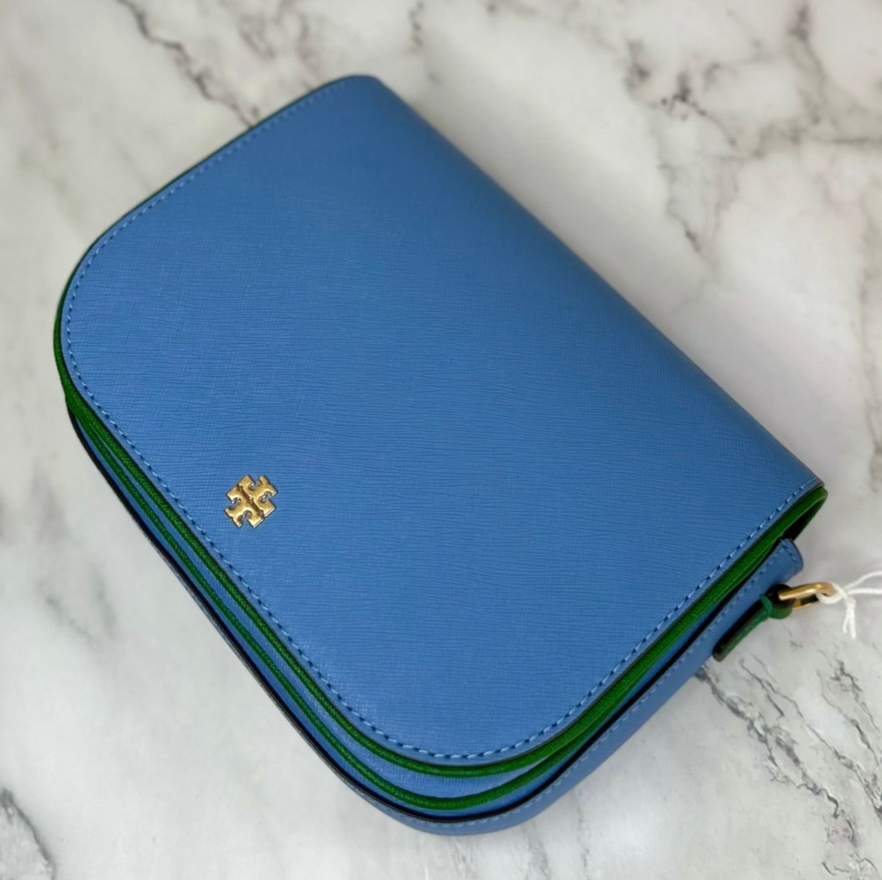 New Tory Burch Bluewood & Arugula Saffiano Leather Emerson Color Block Crossbody Bag