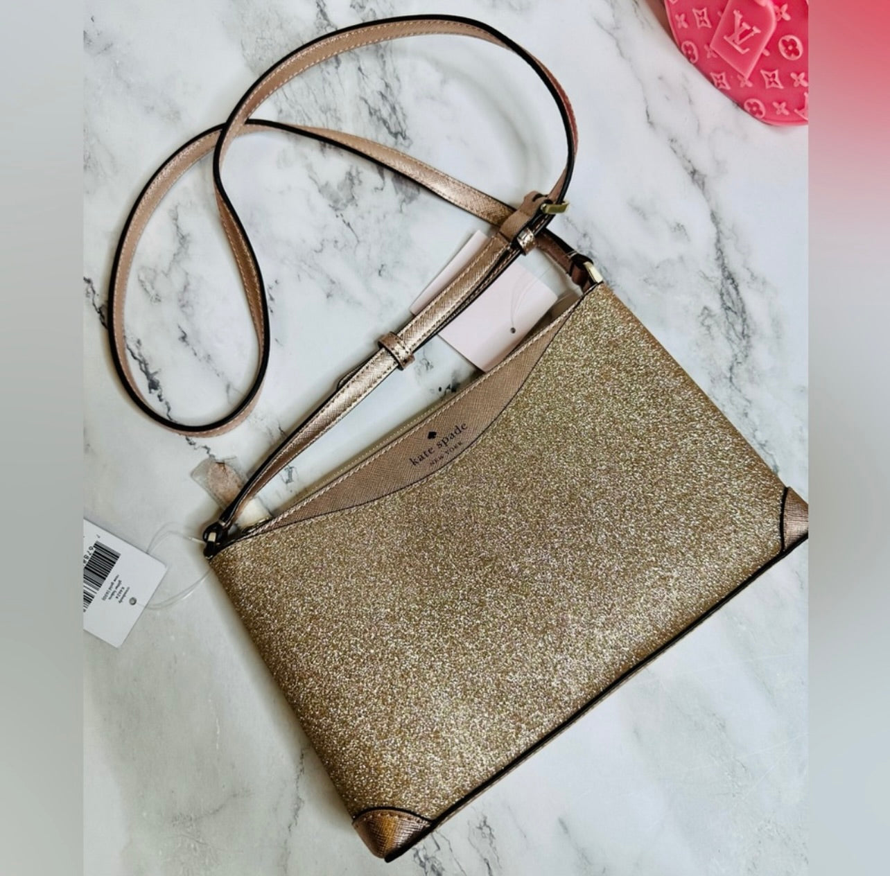New Kate Spade Rose Gold Glitter Leather Crossbody Bag