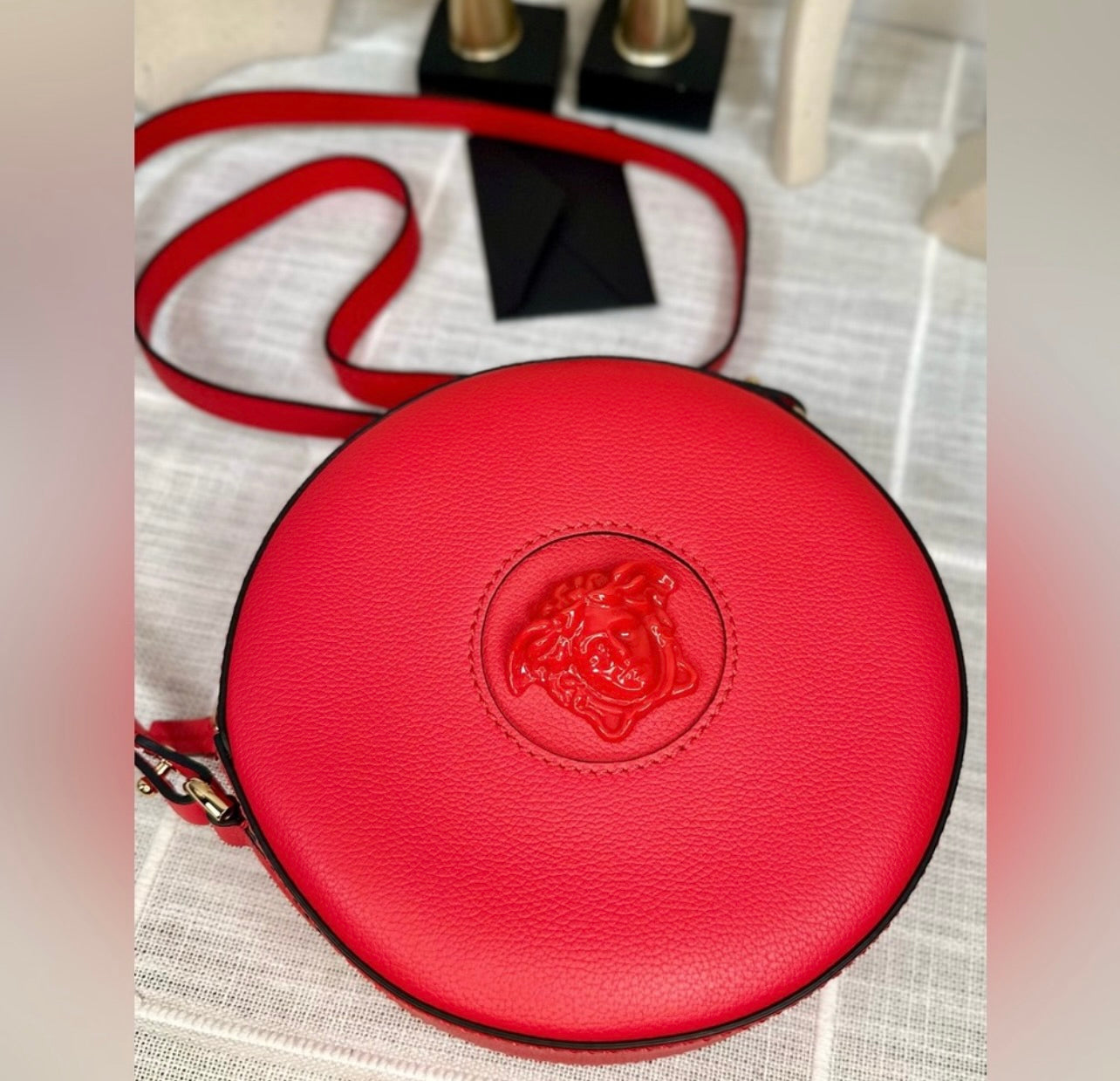 New Versace La Medusa Lipstick Red Leather Disco Round Crossbody Bag