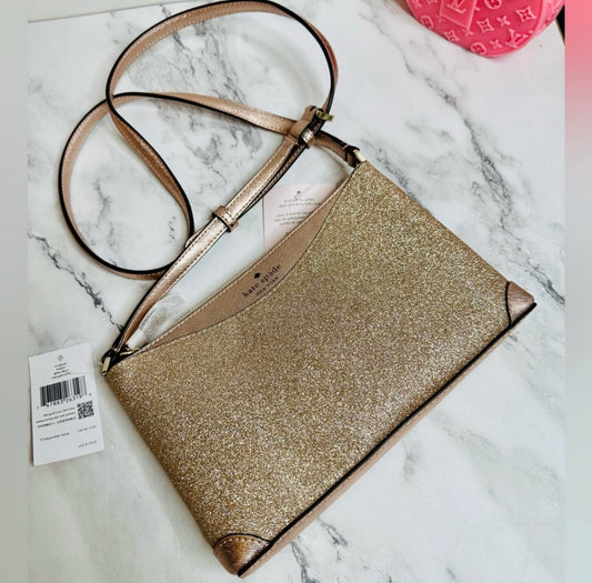 New Kate Spade Rose Gold Glitter Leather Crossbody Bag