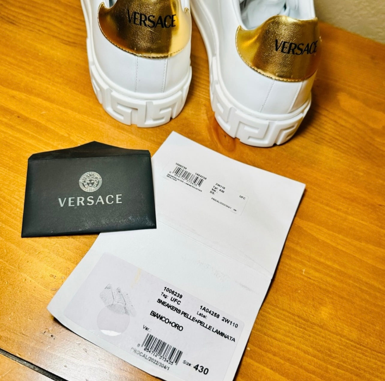 New Unisex Versace Gold & White Leather Athletic Sneakers