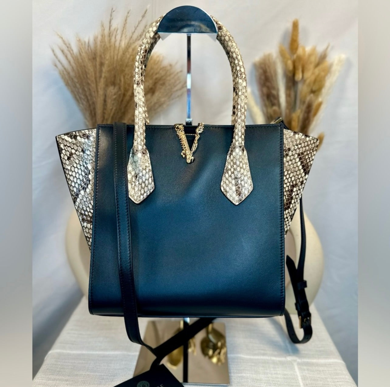 New VERSACE Medium Virtus Calf Leather & Python Handbag