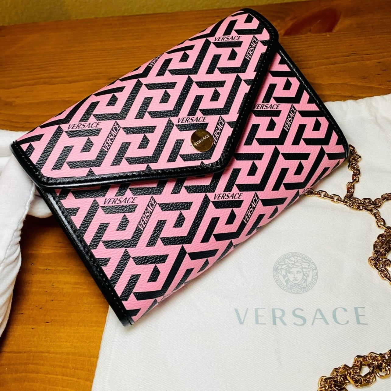 New Versace Pink La Greca Signature Coated Canvas Chain Crossbody Bag