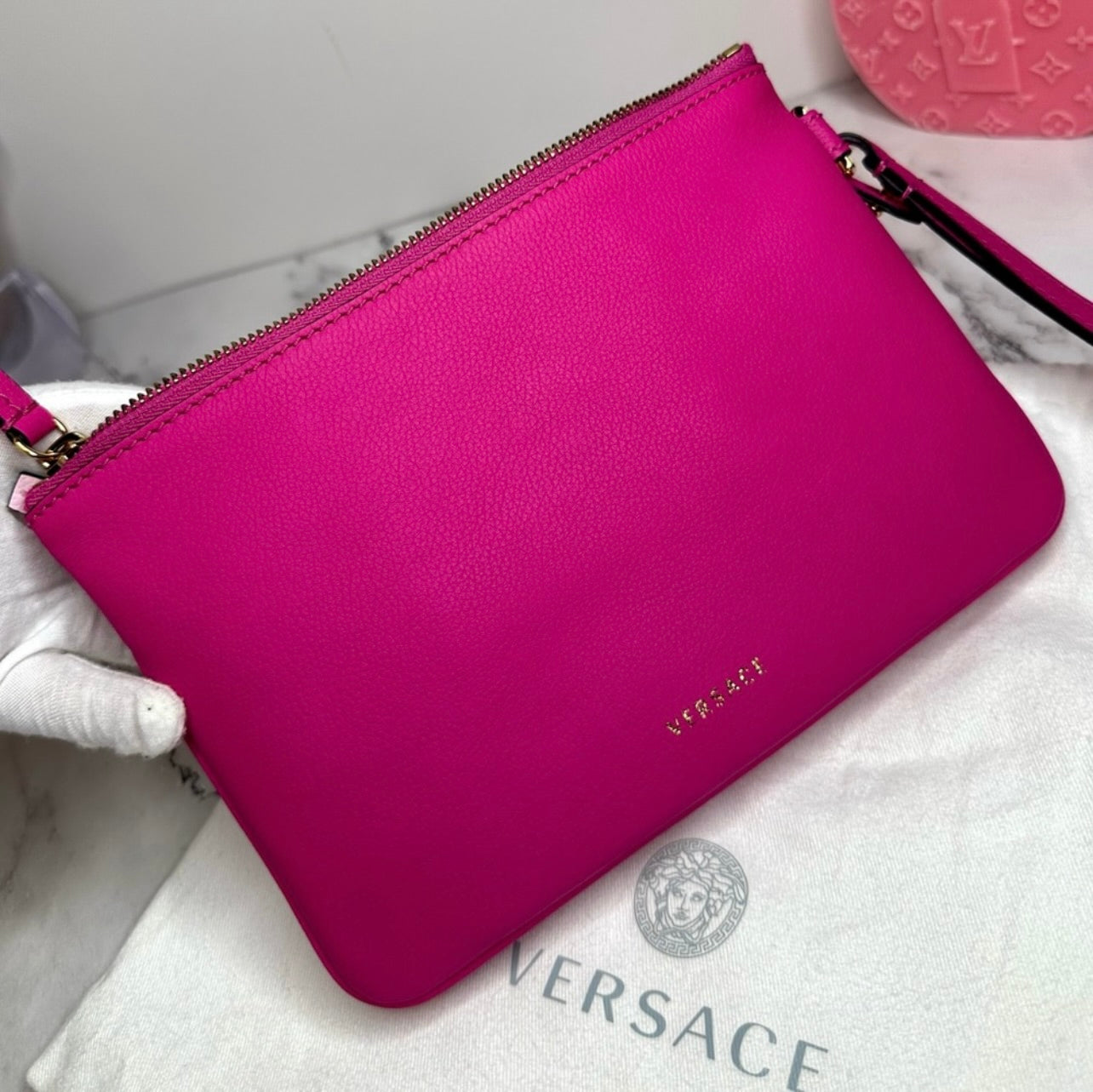 New Versace Double Zip La Medusa Pink Italian Leather Wristlet Pouch