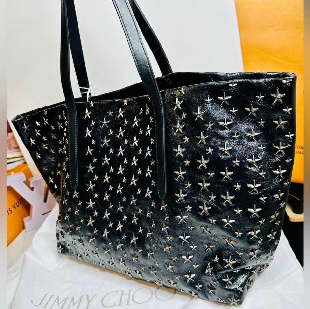 New Jimmy Choo Pimlico/s Black Vintage Leather Gunmetal Star-Stud Embellished Tote