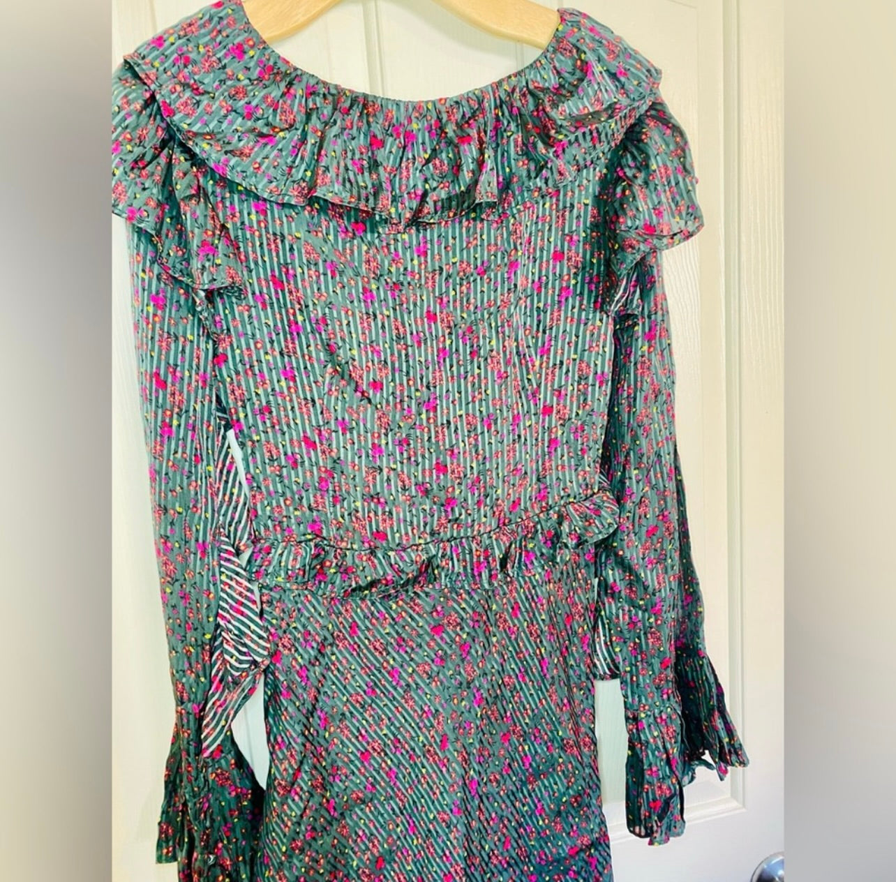 FREE PEOPLE Green Floral Print Sweetest Thing Ruffled Mini Dress