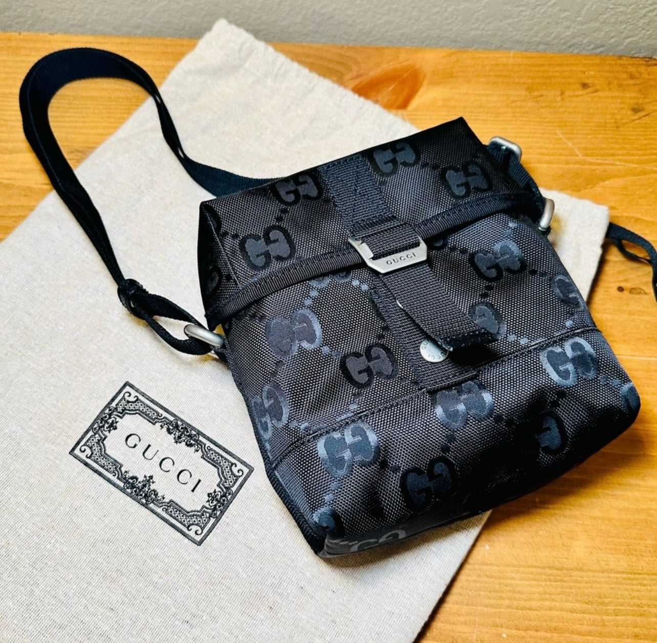 New Unisex Gucci Black Econyl Nylon Monogram Off The Grid Messenger Bag