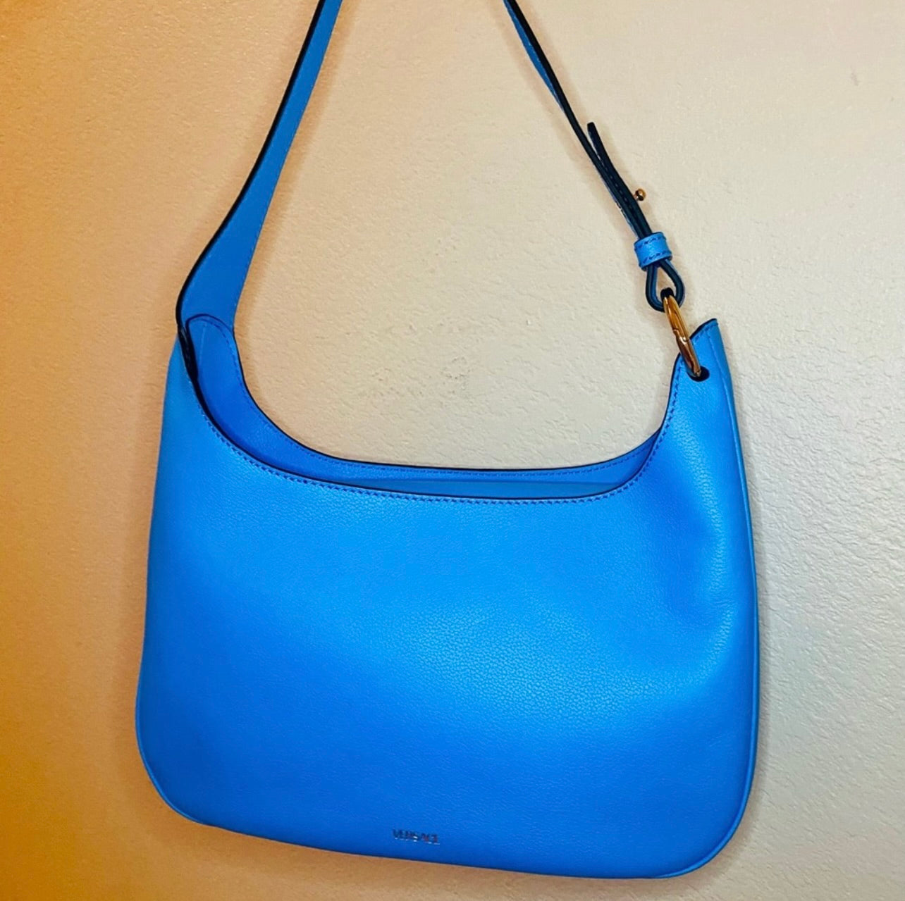 New VERSACE La Medusa Blue Leather Medium Hobo Convertible Strap Bag
