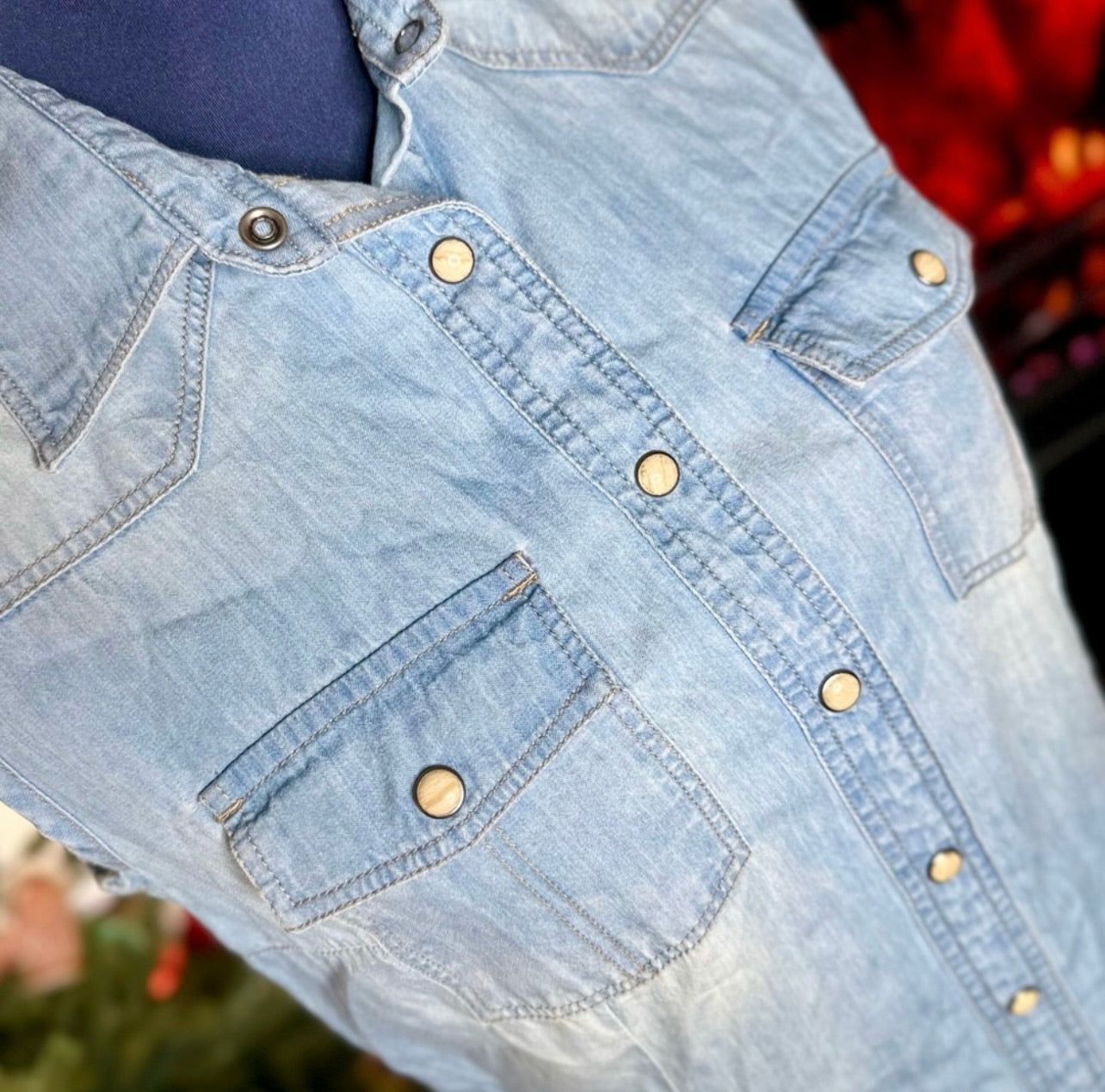 Overland Denim Snap Up Front Sleeveless Shirt Dress