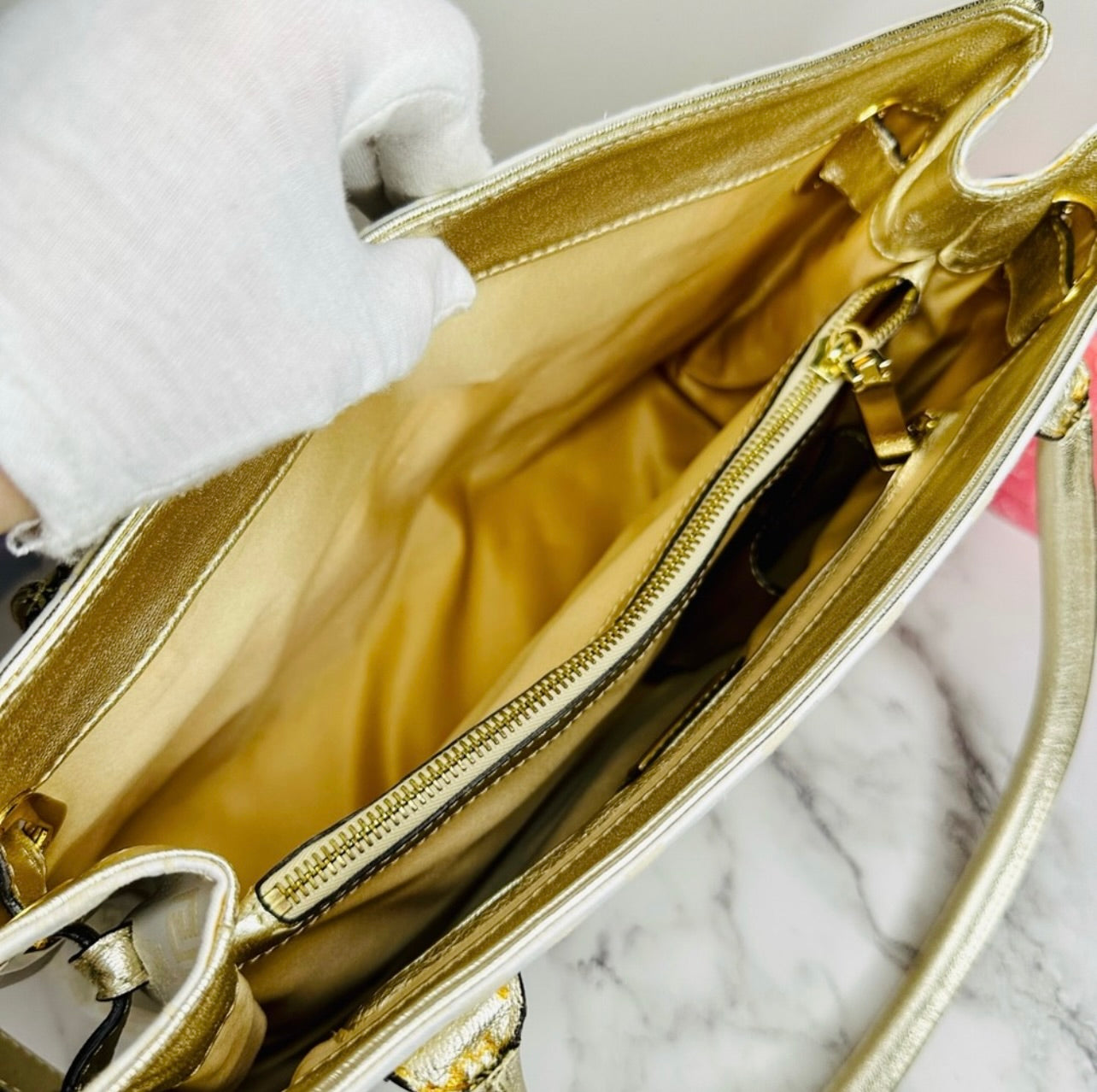 EUC VERSACE Medusa Gold & Cream Logo Print Canvas & Leather Shoulder Bag