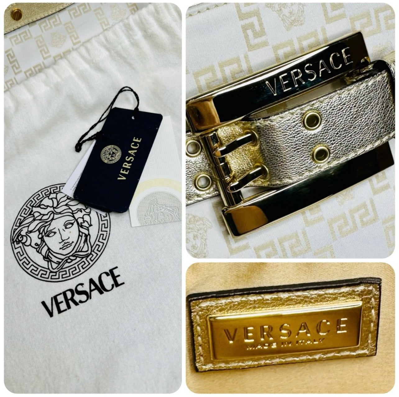 EUC VERSACE Medusa Gold & Cream Logo Print Canvas & Leather Shoulder Bag